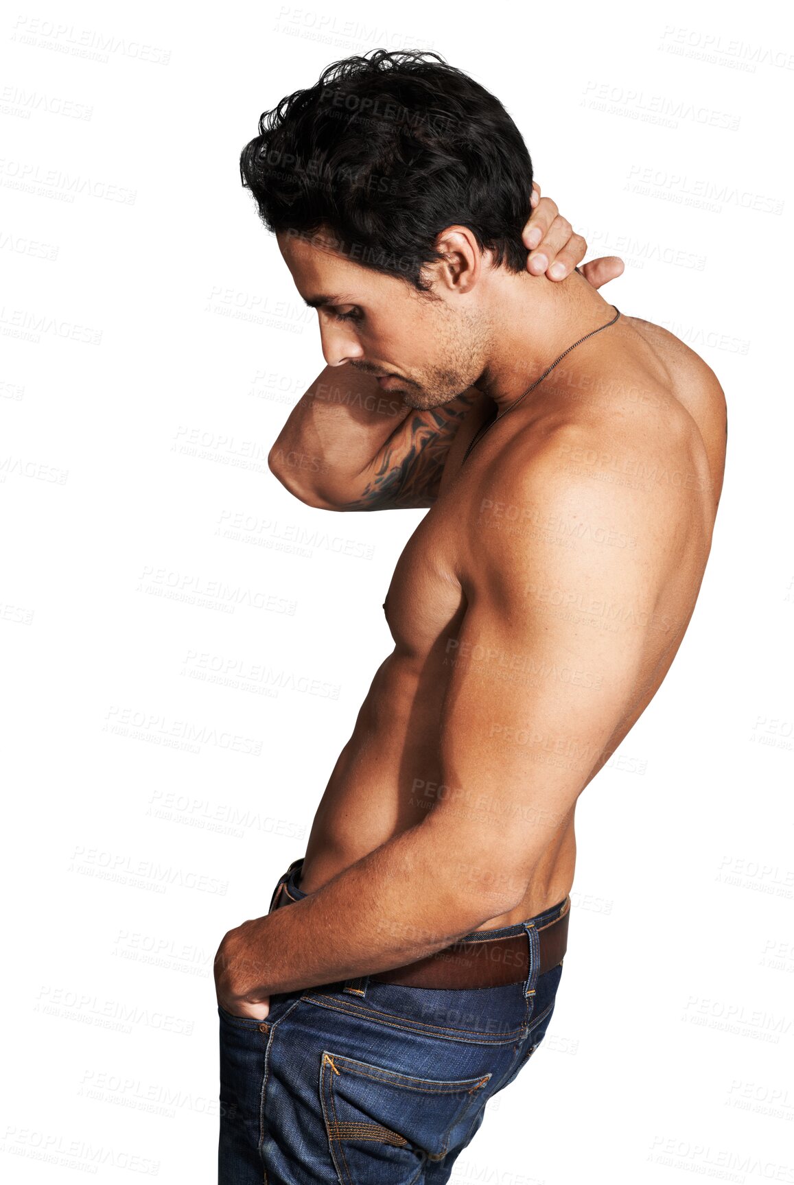 Buy stock photo Thinking, fitness and topless man on transparent background for muscle, pride and beauty. Body health, isolated or profile of cool shirtless male bodybuilder on png for workout, training or wellness