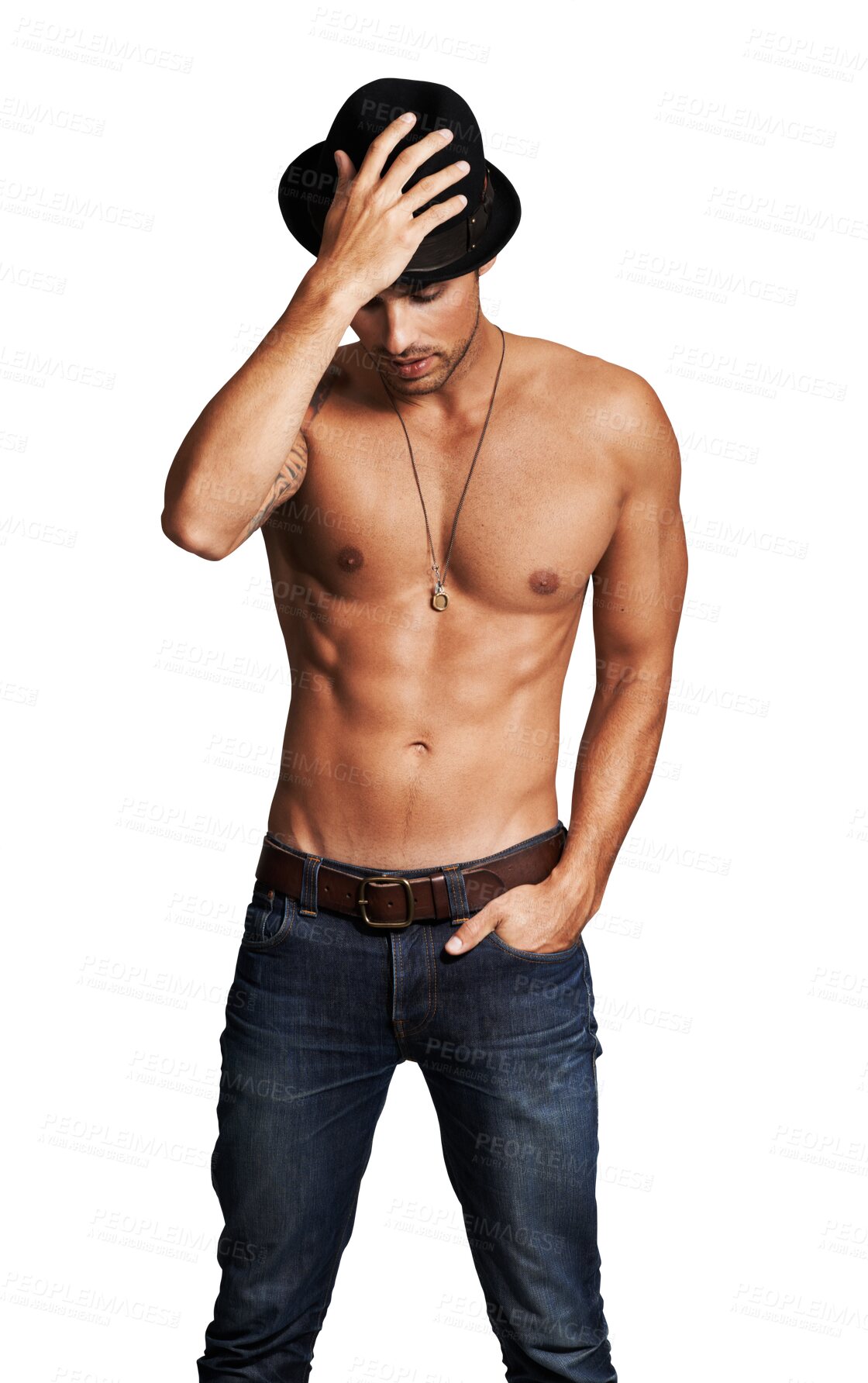 Buy stock photo Six pack, hat or sexy topless man on isolated on transparent background for muscle, pride and beauty. Body health, fitness or cool shirtless male bodybuilder on png for workout, training or wellness