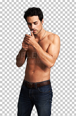 Buy stock photo Shirtless, man and smoking a cigarette or lighting tobacco, cannabis or joint to relax on transparent, isolated or png background. Hands, sexy smoker and handsome model in fashion with abs and muscle