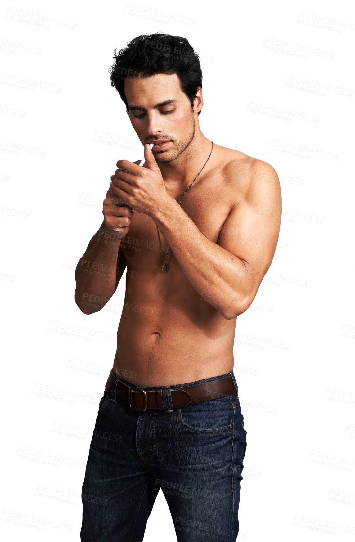 Buy stock photo Shirtless, man and smoking a cigarette or lighting tobacco, cannabis or joint to relax on transparent, isolated or png background. Hands, sexy smoker and handsome model in fashion with abs and muscle
