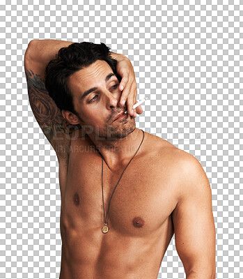 Buy stock photo Nicotine, body and a man smoking a cigarette isolated on a transparent background for lung cancer awareness. Danger, tobacco and bad habit with a shirtless young male model on PNG for addiction