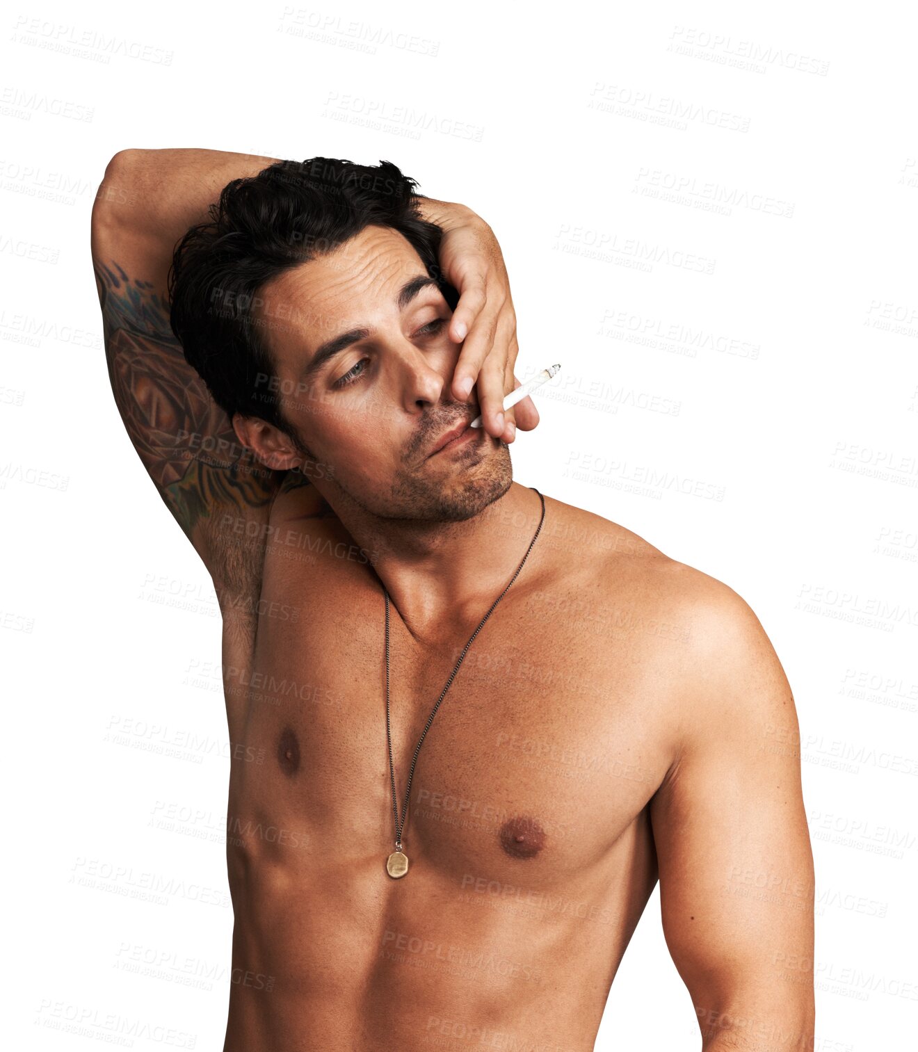 Buy stock photo Nicotine, body and a man smoking a cigarette isolated on a transparent background for lung cancer awareness. Danger, tobacco and bad habit with a shirtless young male model on PNG for addiction