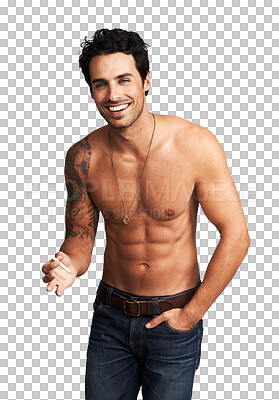 Buy stock photo Happy man, portrait and smoking cigarette shirtless, topless or chest with muscle on transparent, isolated or png background. Hot, smoker and handsome model relax with tobacco or sexy body in jeans