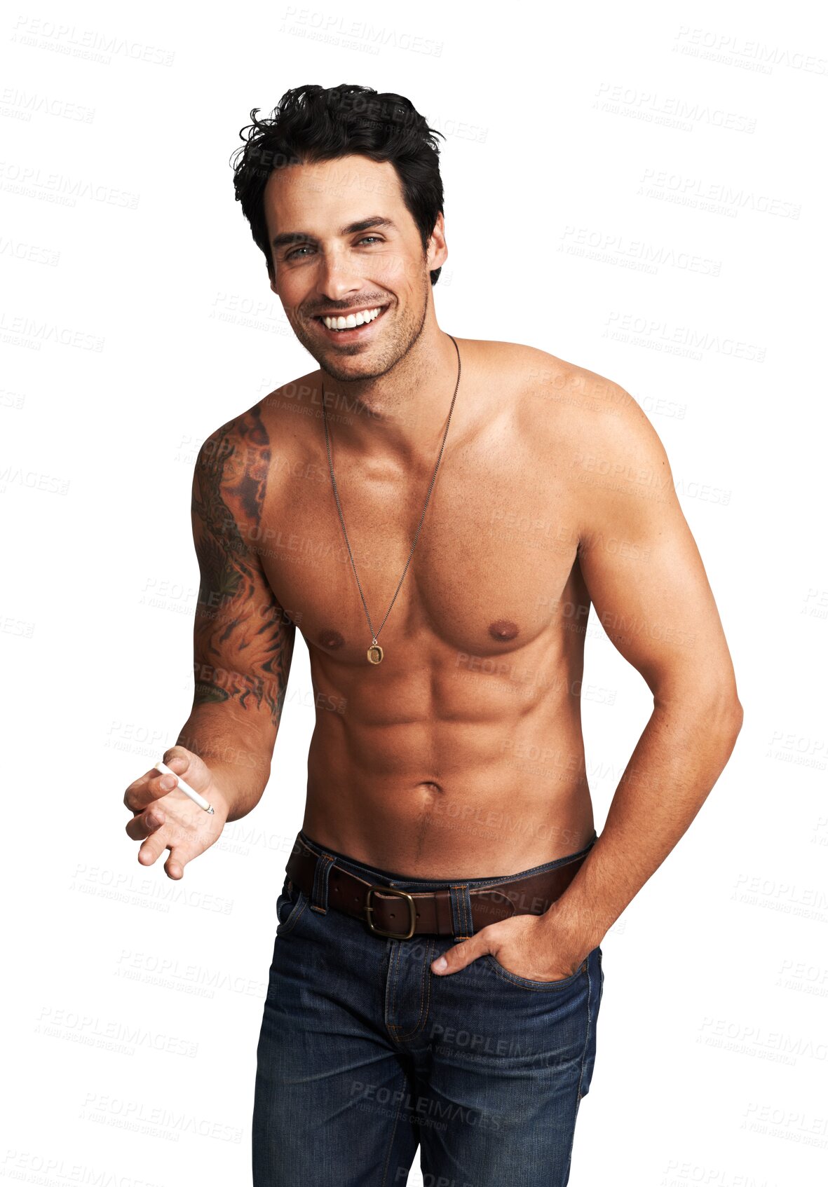 Buy stock photo Happy man, portrait and smoking cigarette shirtless, topless or chest with muscle on transparent, isolated or png background. Hot, smoker and handsome model relax with tobacco or sexy body in jeans