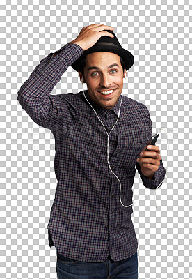 Buy stock photo Portrait, music and man with a smartphone, smile and hipster isolated on a transparent background. Male person, guy or model with a cellphone, earphones and listening to sound, streaming audio or png