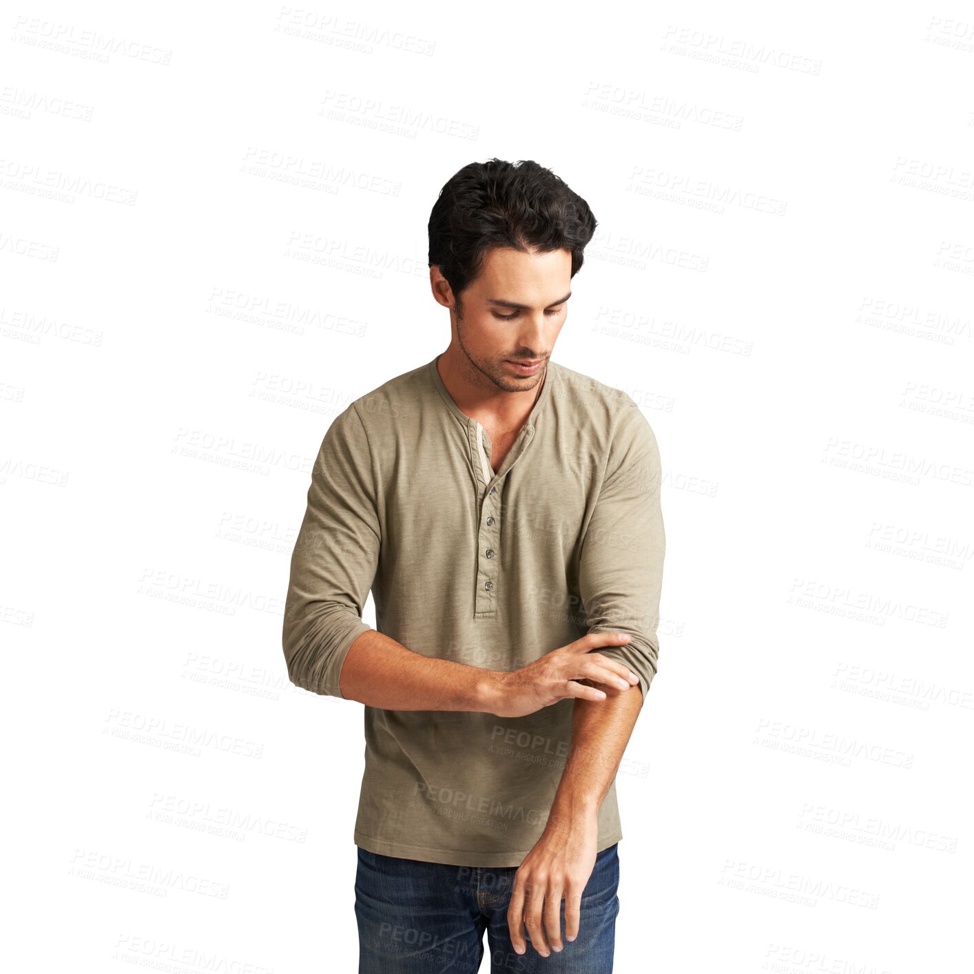 Buy stock photo Rolling shirt, sleeve and man in fashion, style or casual clothes for weekend on transparent, isolated or png background. Tailor, cotton sleeves and roll up fabric or clothing on arms or guy in jeans