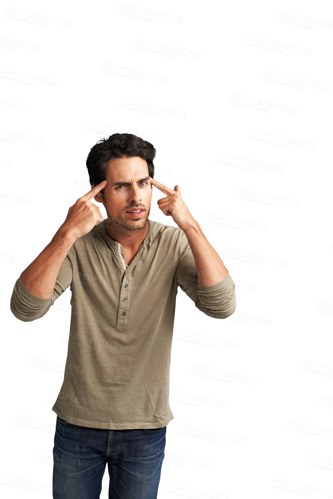 Buy stock photo Portrait, thinking and man with ideas, decision and model isolated on a transparent background. Person, guy and opportunity with gesture, question and choice with png, problem solving and emoji