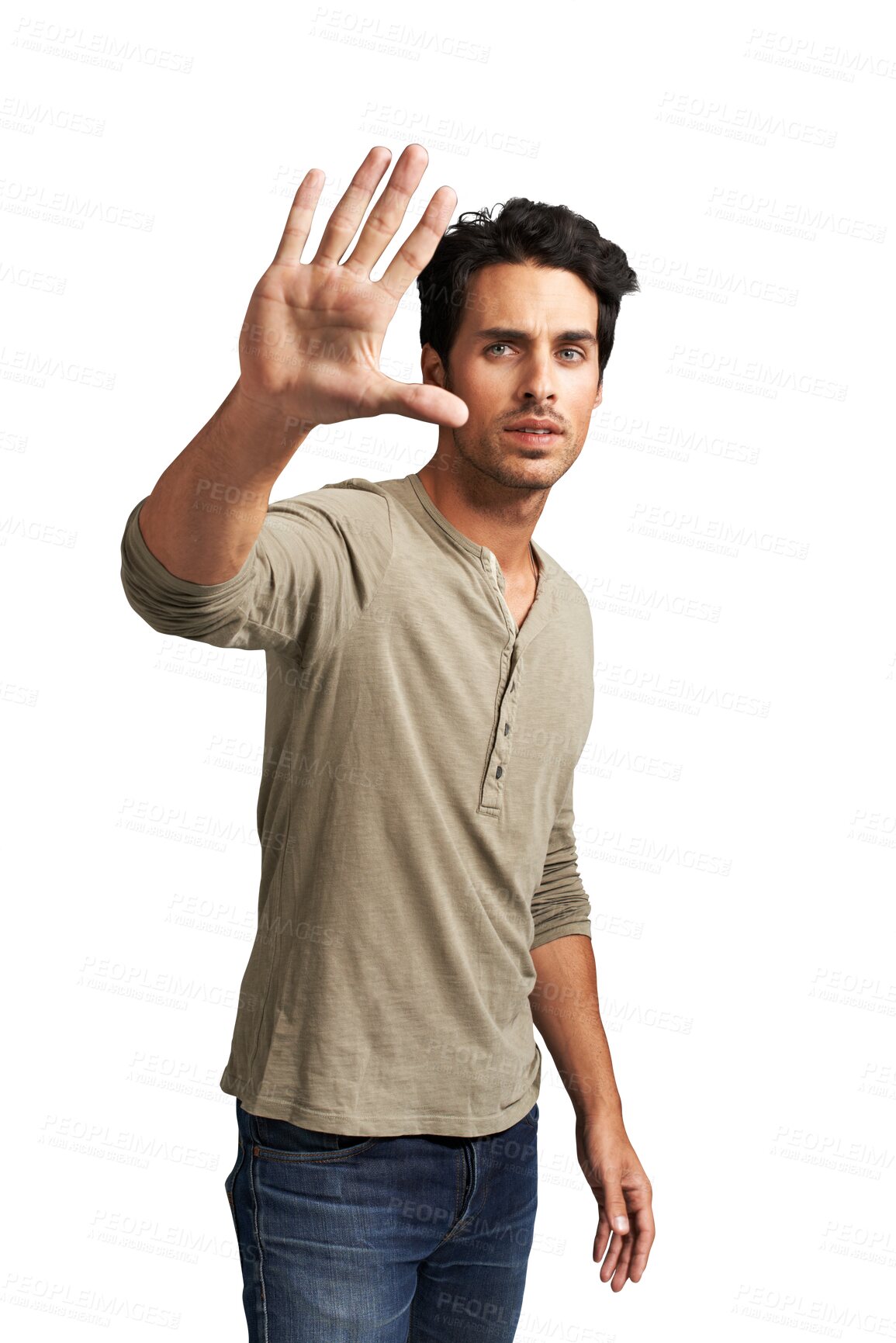 Buy stock photo Fashion, portrait and man with hand to stop, caution danger or show sign for no on transparent, isolated or png background. College student, guy and gesture for rejection, warning or signal opinion