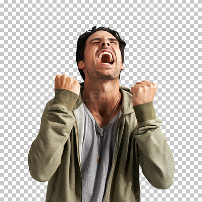 Buy stock photo Winner, man and success, scream or celebration for competition, university results or news. Wow, power and excited person or student with fist, yes and winning isolated on transparent png background