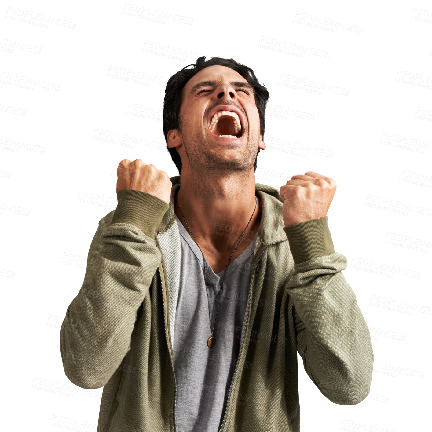 Buy stock photo Winner, man and success, scream or celebration for competition, university results or news. Wow, power and excited person or student with fist, yes and winning isolated on transparent png background