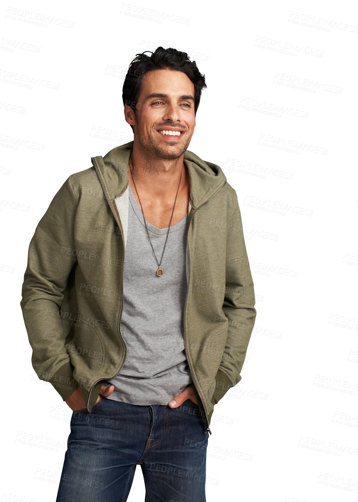 Buy stock photo Thinking, man and confident in fashion or happy with idea to relax on weekend on transparent, isolated or png background. Planning, goals and cool style or handsome college student with a smile