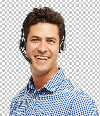 Buy stock photo Portrait, telemarketing and man with headphones, call center and agent isolated on a transparent background. Face, employee and consultant with a headset, smile and tech support with png and advice