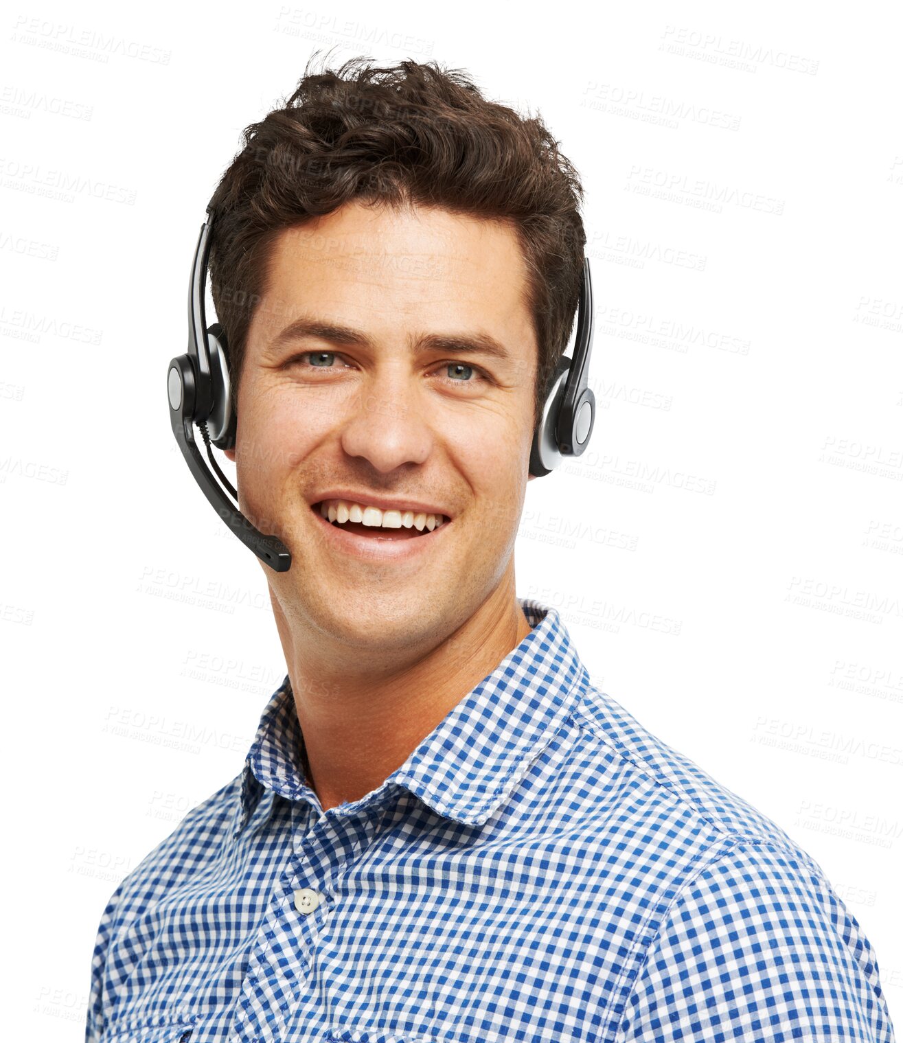 Buy stock photo Portrait, telemarketing and man with headphones, call center and agent isolated on a transparent background. Face, employee and consultant with a headset, smile and tech support with png and advice