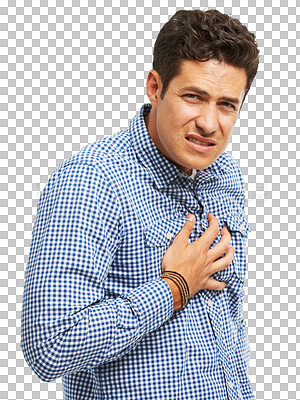 Buy stock photo Man, chest pain and sick, asthma and injury with cardiovascular health isolated on png transparent background. Male person, lung infection and stress, portrait and medical with heart condition