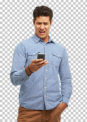 Buy stock photo Social media, phone and man shocked by bad news, scam or online glitch isolated on transparent png background. Stress, frustrated or unhappy person worried by password fraud or reading phishing email