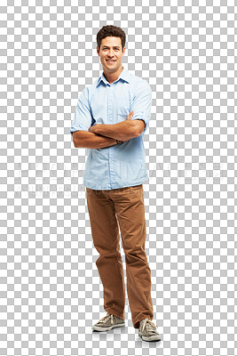 Buy stock photo Man, arms crossed and style or fashion portrait isolated on a transparent, png background. Happy young male model person with a positive attitude, confidence and creative job clothes from Australia