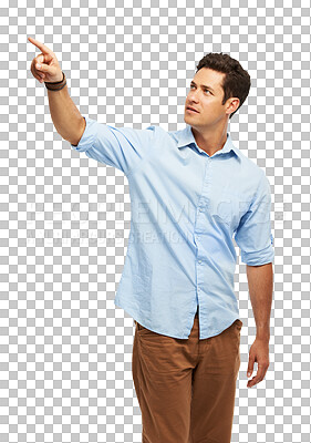 Buy stock photo Pointing up, advertising and business man for information on isolated, png and transparent background. Marketing, professional and male person with hand gesture for promotion, announcement and news