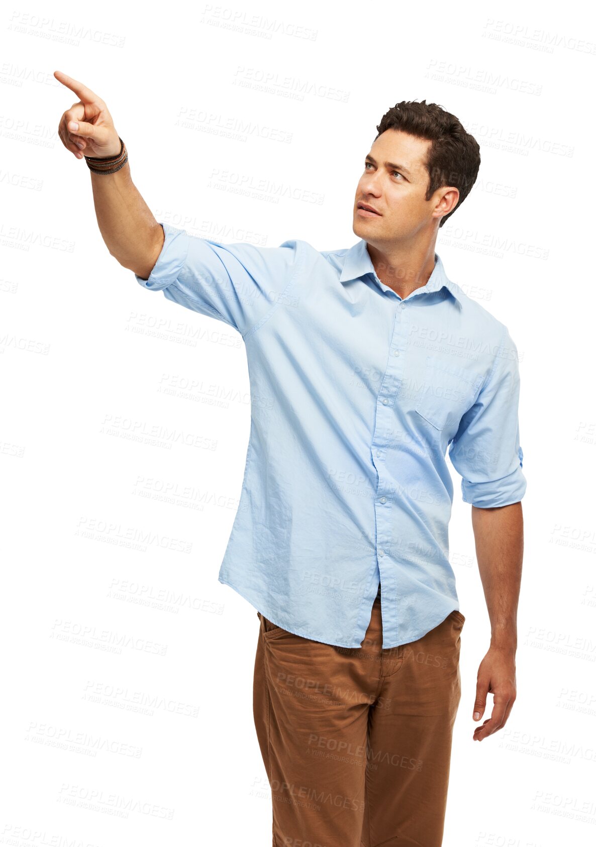 Buy stock photo Pointing up, advertising and business man for information on isolated, png and transparent background. Marketing, professional and male person with hand gesture for promotion, announcement and news