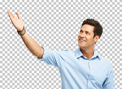 Buy stock photo Pointing, presentation and business man for information on isolated, png and transparent background. Marketing, professional and male person with hand gesture for promotion, announcement and news