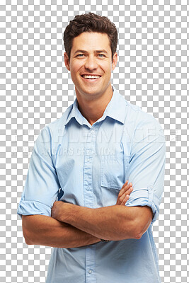 Buy stock photo Happy, business man and portrait with arms crossed or confident employee with a smile. Positive attitude, entrepreneur or professional person from Australia isolated on a transparent, png background