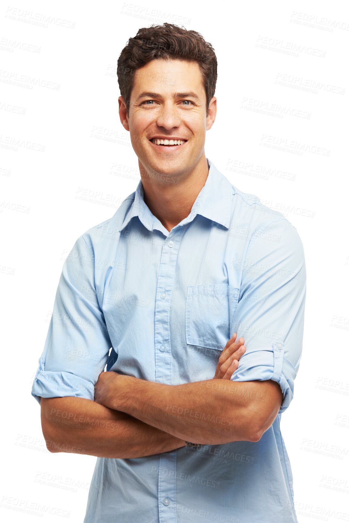 Buy stock photo Happy, business man and portrait with arms crossed or confident employee with a smile. Positive attitude, entrepreneur or professional person from Australia isolated on a transparent, png background