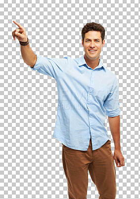 Buy stock photo Pointing, advertising and portrait of business man on isolated, png and transparent background. Marketing, information and happy male person with hand gesture for promotion, announcement and news