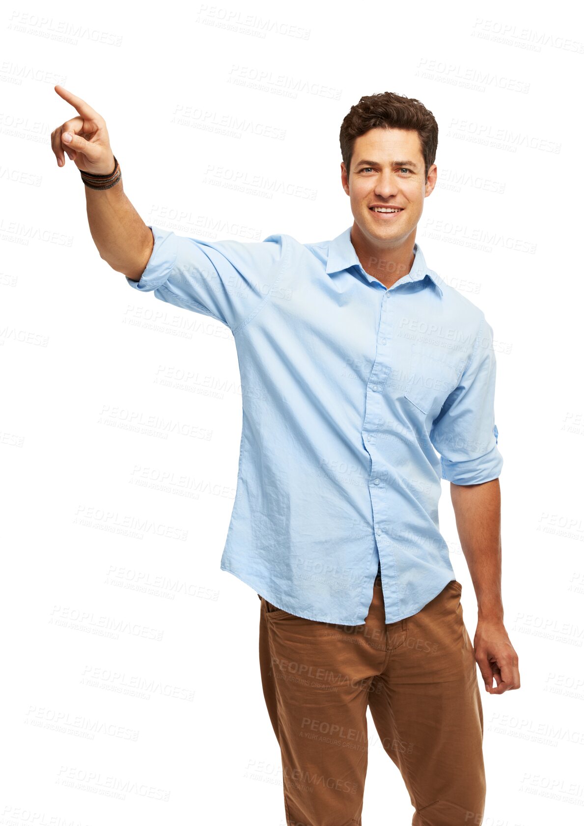 Buy stock photo Pointing, advertising and portrait of business man on isolated, png and transparent background. Marketing, information and happy male person with hand gesture for promotion, announcement and news