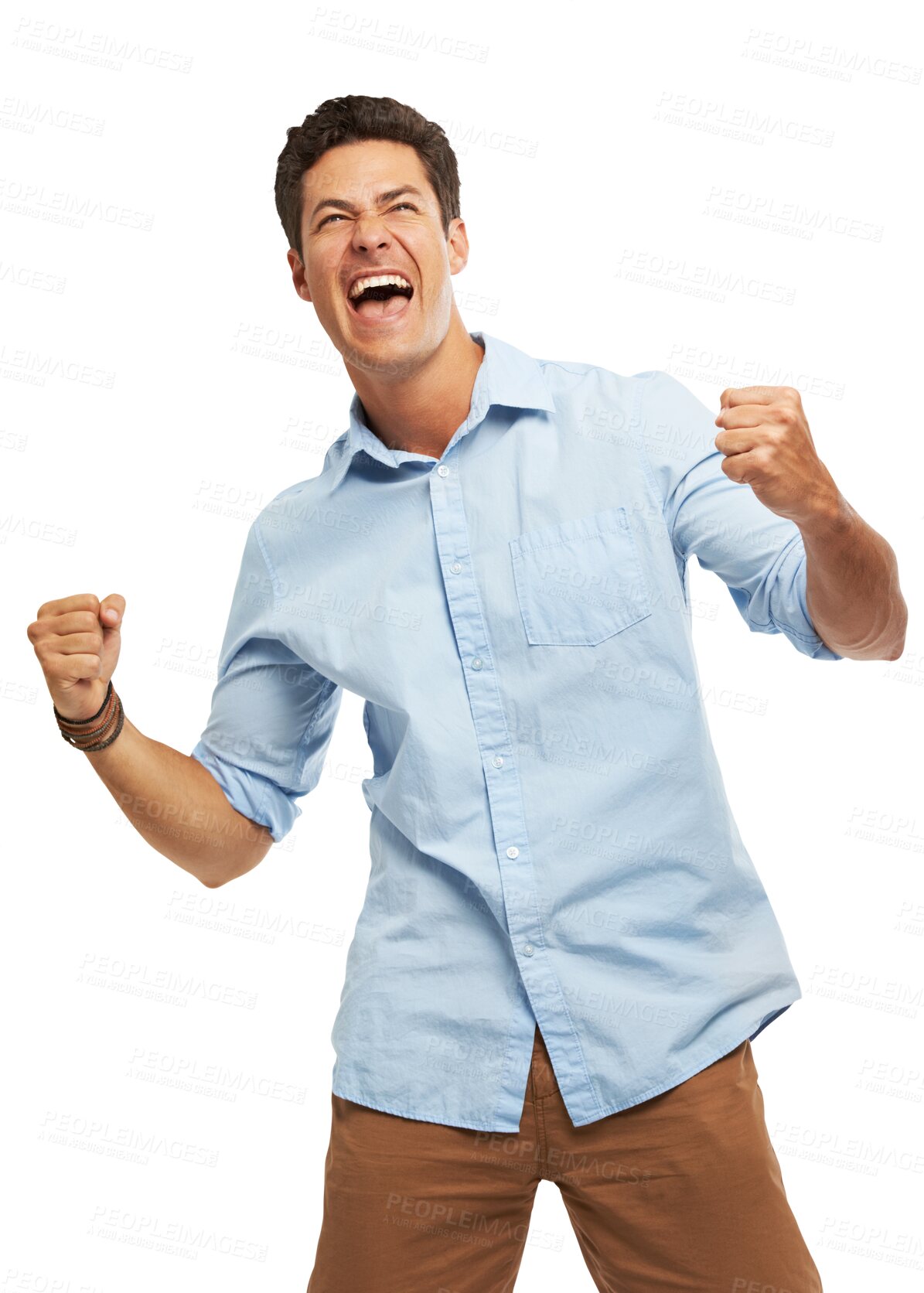 Buy stock photo Business man, success, yes and power or celebration for achievement, career news or opportunity. Wow, fist and winner or person for announcement or winning isolated on a png, transparent background