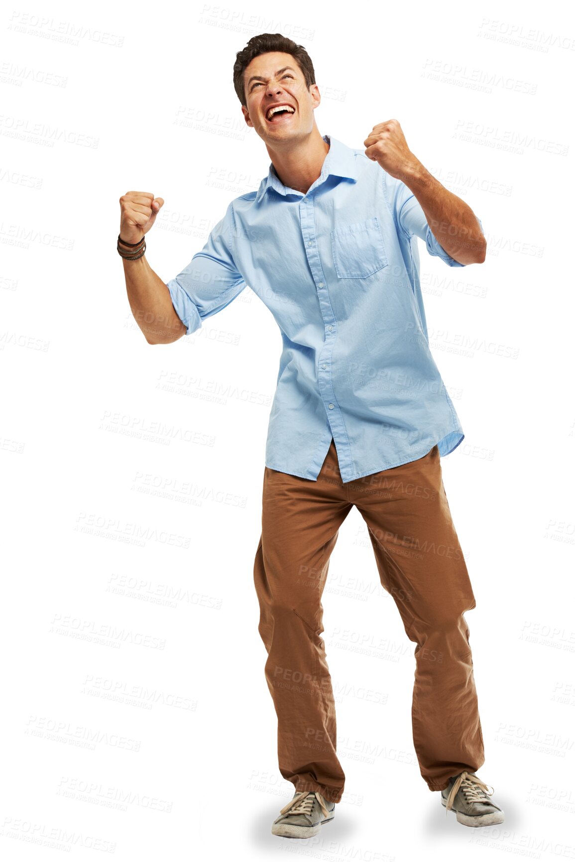 Buy stock photo Winner, man and success, yes or celebration in competition, startup career or news of opportunity. Wow, fist and excited person for internship, power or winning isolated on transparent png background