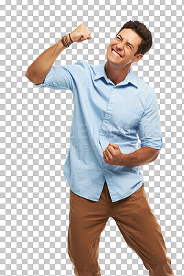 Buy stock photo Happy man, excited and cheers, fist pump and celebration with winning isolated on png transparent background. Happiness, achievement and male winner with success, energy and bonus with reward