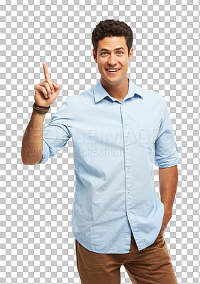 Buy stock photo Man is pointing up, portrait and advertising presentation with news isolated on png transparent background. Male ambassador with announcement, show and opportunity with communication and multimedia