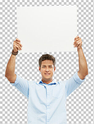 Buy stock photo Poster, portrait of man and mockup sign, space and marketing isolated on a transparent png background. Advertising, face or happy person on board, banner or information, commercial or flyer promotion