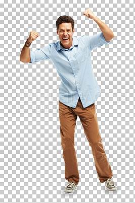 Buy stock photo Success, excited winner or portrait of man in celebration of deal isolated on transparent PNG background. Wow, announcement or happy person winning in victory, goal target achievement or reward prize