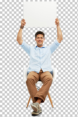 Buy stock photo Portrait, poster and man with a sign for mockup, information or announcement on transparent, isolated png background. Billboard, advertising or businessman on chair with banner or marketing promotion