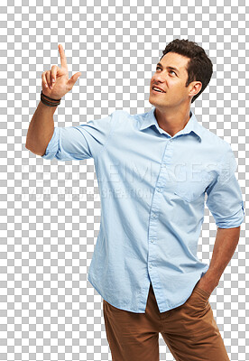 Buy stock photo Pointing up, advertising and business man for promotion on isolated, png and transparent background. Marketing, professional and male person with hand gesture for information, announcement and news