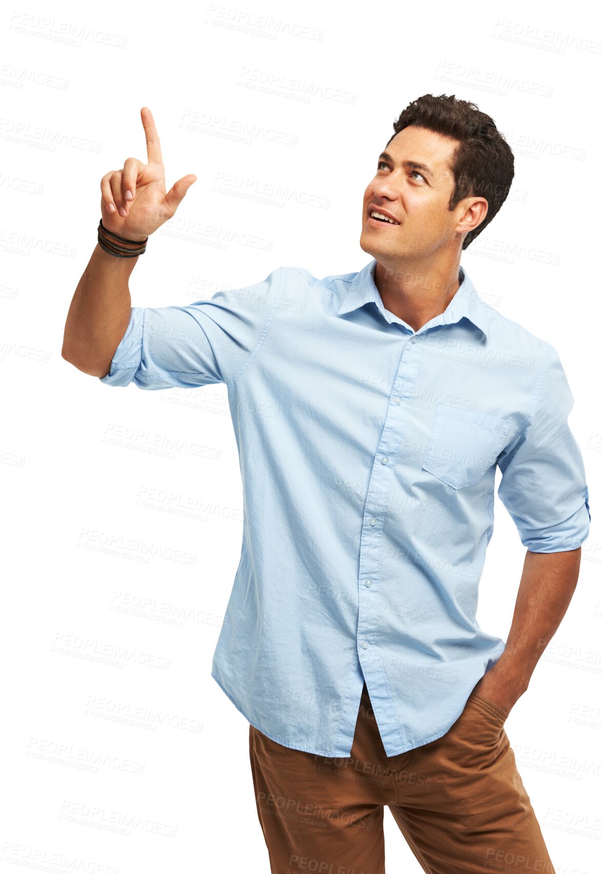 Buy stock photo Pointing up, advertising and business man for promotion on isolated, png and transparent background. Marketing, professional and male person with hand gesture for information, announcement and news