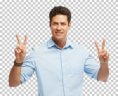 Buy stock photo Portrait, peace sign and business man, smile and isolated on a transparent png background. Face, v hand and happy professional with emoji for success, winning and achievement, victory and gesture