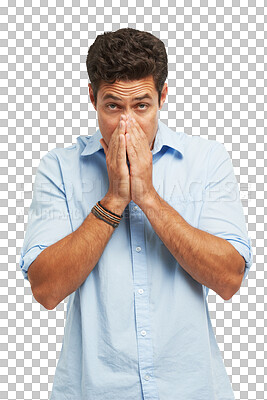 Buy stock photo Man, mistake and fear or hands on mouth portrait isolated on a transparent, png background. Worried or scared male model person with anxiety, guilt and shocked with silence and secret from Australia