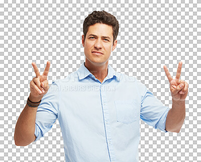 Buy stock photo Peace, hand sign and portrait of a man isolated on a transparent, png background. Happy young male model person with v emoji or icon for positive attitude, confidence and freedom from Australia