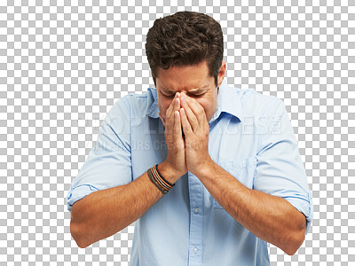 Buy stock photo Depression, sad and man crying in hands on isolated, png and transparent background for crisis. Emotions, stress and male person with hurt, unhappy and upset in tears for loss, mistake and problem