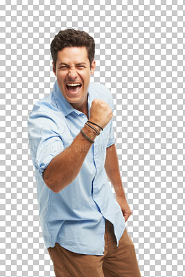 Buy stock photo Business man, success and winner portrait for celebration for achievement, news or opportunity. Wow, fist and excited person for announcement, sales or winning isolated on png, transparent background