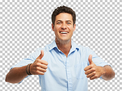 Buy stock photo Man, thumbs up and success portrait in thank you, winning or yes and like emoji or business achievement. Winner, worker or person okay, support or good job sign isolated on png transparent background