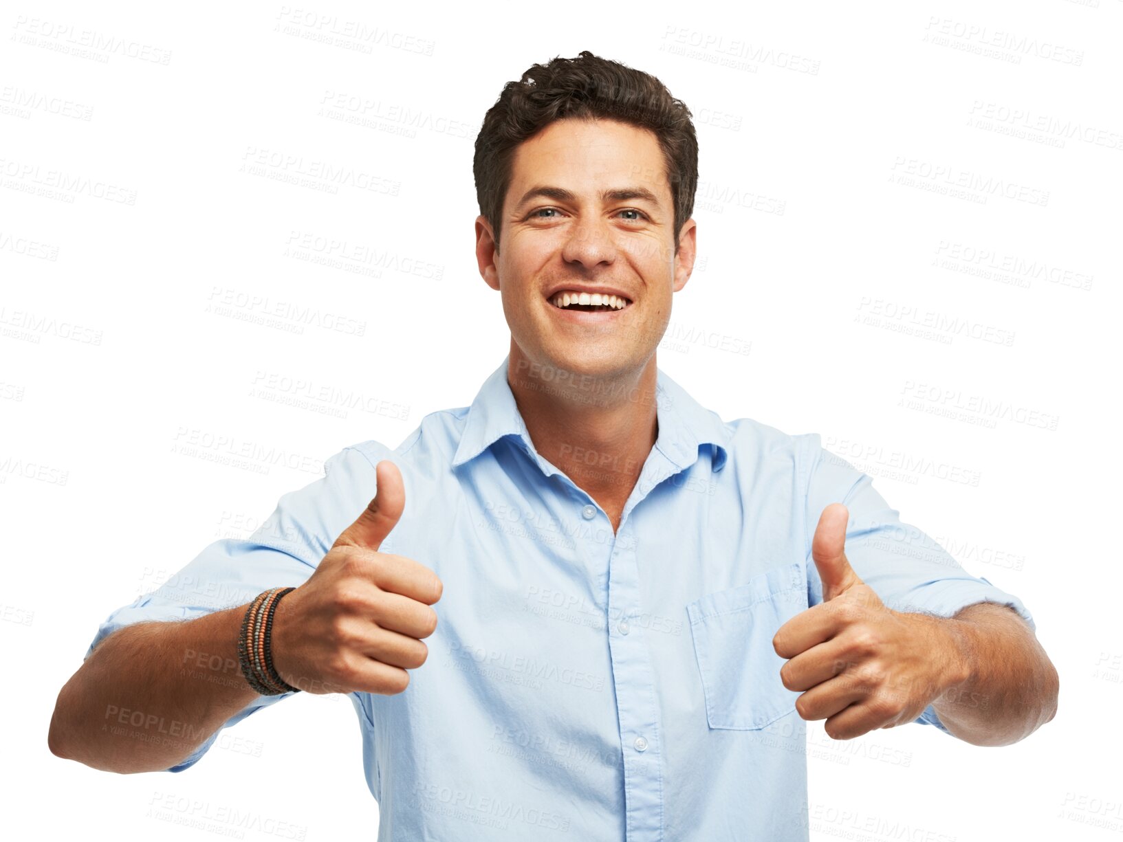 Buy stock photo Man, thumbs up and success portrait in thank you, winning or yes and like emoji or business achievement. Winner, worker or person okay, support or good job sign isolated on png transparent background