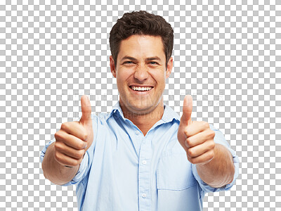 Buy stock photo Man, thumbs up and winner portrait in thank you, success or yes and like emoji for business achievement. Excited worker or person okay, support or good job sign isolated on png transparent background