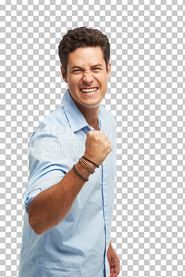 Buy stock photo Business man, success and celebration portrait for for achievement, winner news or opportunity. Wow, fist and excited person for announcement, sales or winning isolated on png, transparent background