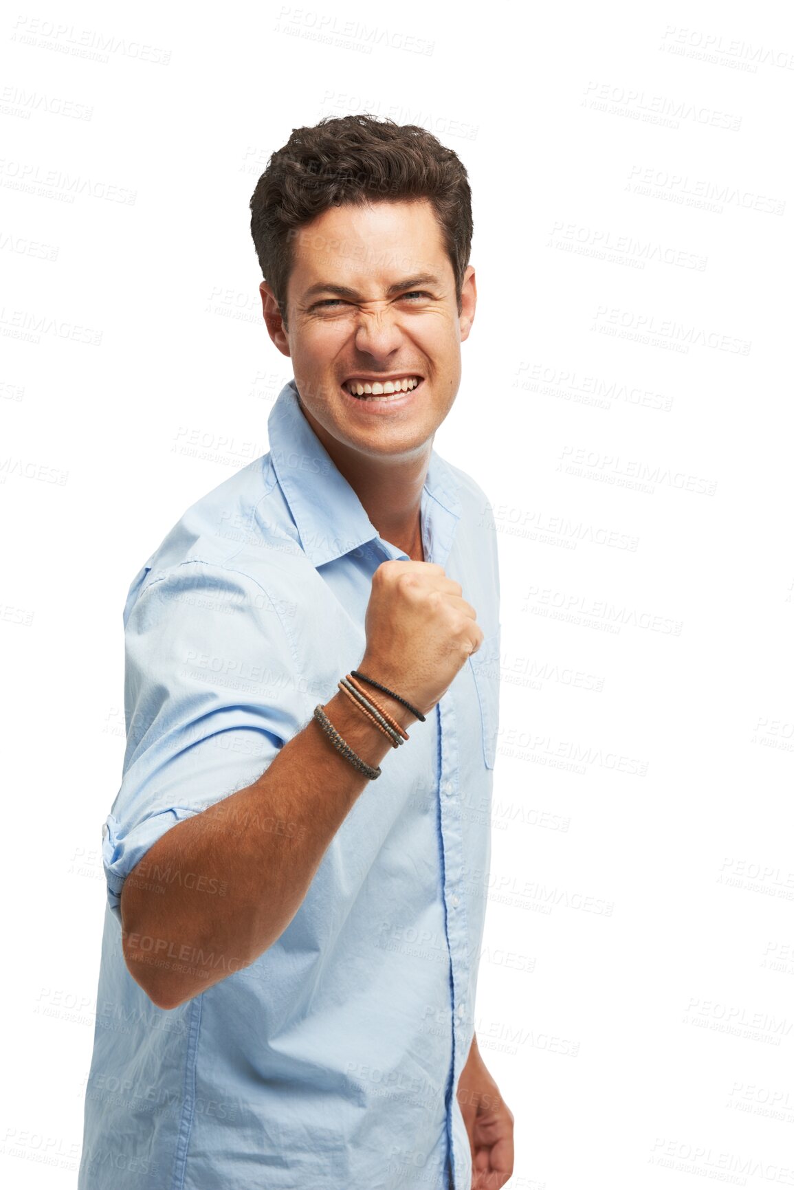 Buy stock photo Business man, success and celebration portrait for for achievement, winner news or opportunity. Wow, fist and excited person for announcement, sales or winning isolated on png, transparent background