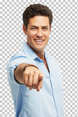 Buy stock photo Man is pointing at you, choice and vote with smile in portrait, decision and direction isolated on png transparent background. Male person, opportunity and offer with trust, selection and promotion