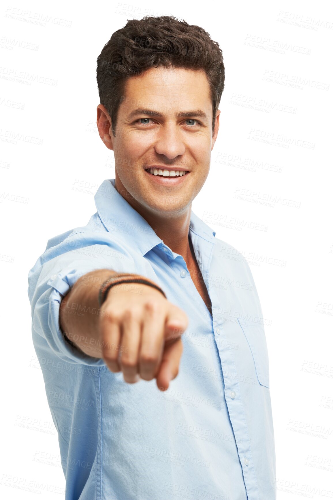 Buy stock photo Man is pointing at you, choice and vote with smile in portrait, decision and direction isolated on png transparent background. Male person, opportunity and offer with trust, selection and promotion