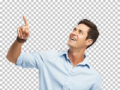 Buy stock photo Pointing up, happy and business man for information on isolated, png and transparent background. Advertising, professional and male person with hand gesture for promotion, announcement and news