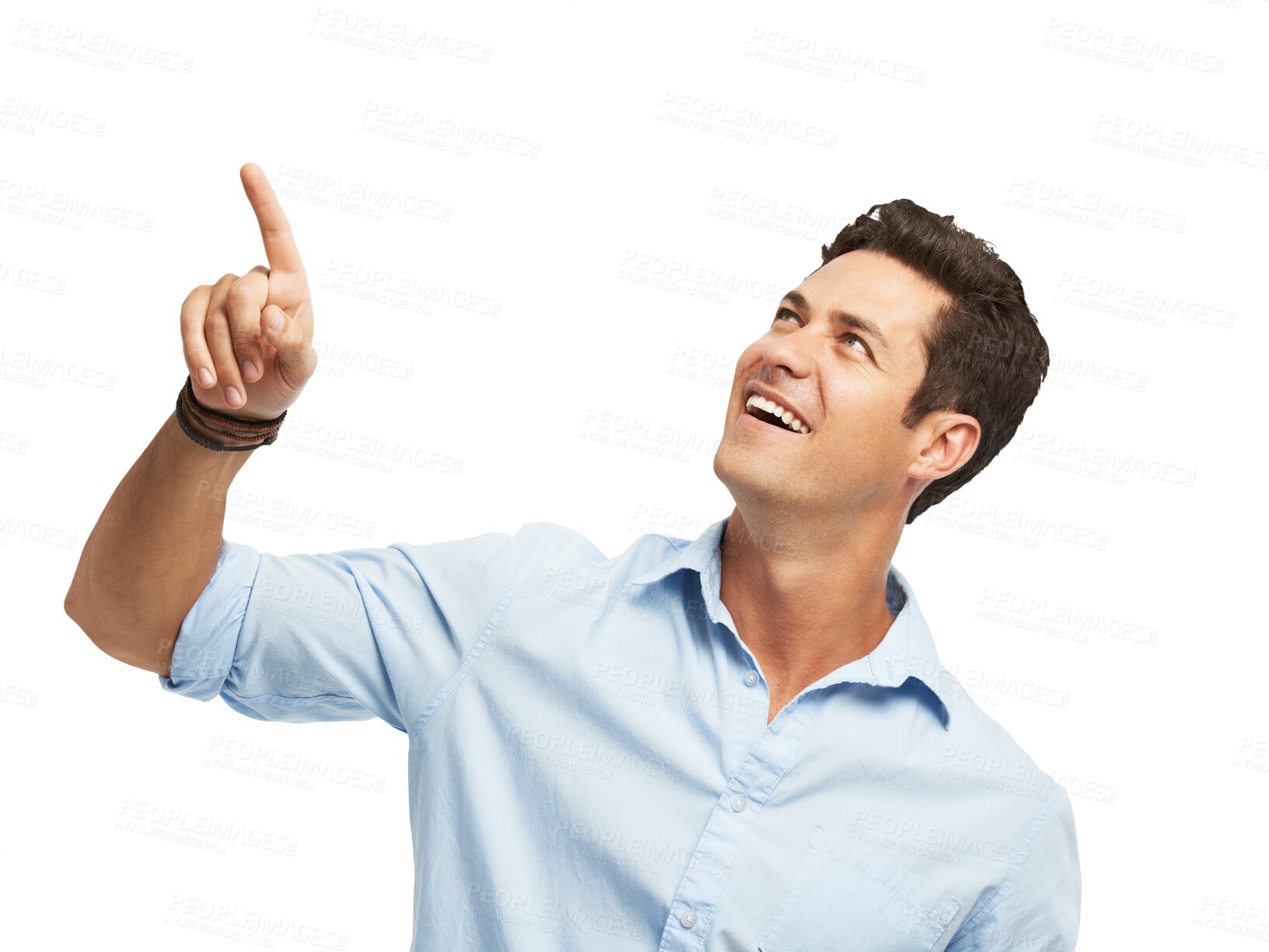 Buy stock photo Pointing up, happy and business man for information on isolated, png and transparent background. Advertising, professional and male person with hand gesture for promotion, announcement and news